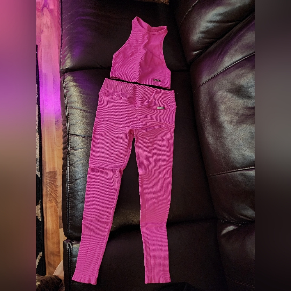Bombshell Sportswear Pink Ribbed Crop Top and Leggings Set